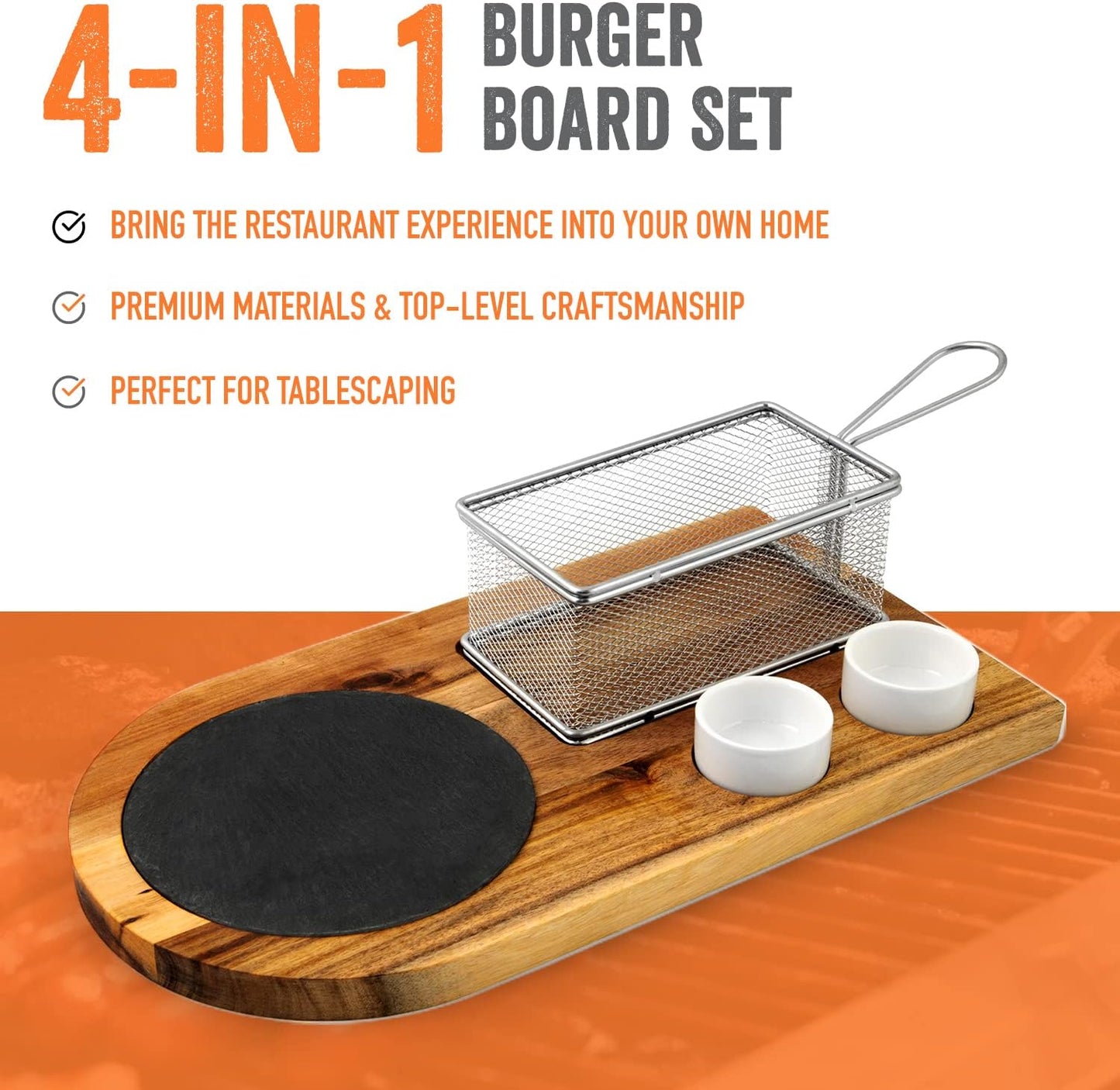 Yukon Glory™ Burger Serving Set, Perfect For Foodies, Burger Lovers and Tablescapes, Includes Premium Acacia Wood Board With Slate, Stainless Steel Fry Basket and Porcelain Condiment Cups,