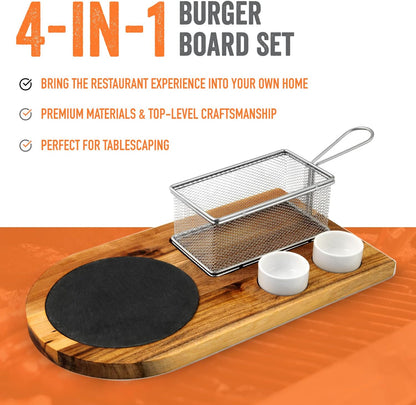 Yukon Glory™ Burger Serving Set, Perfect For Foodies, Burger Lovers and Tablescapes, Includes Premium Acacia Wood Board With Slate, Stainless Steel Fry Basket and Porcelain Condiment Cups,
