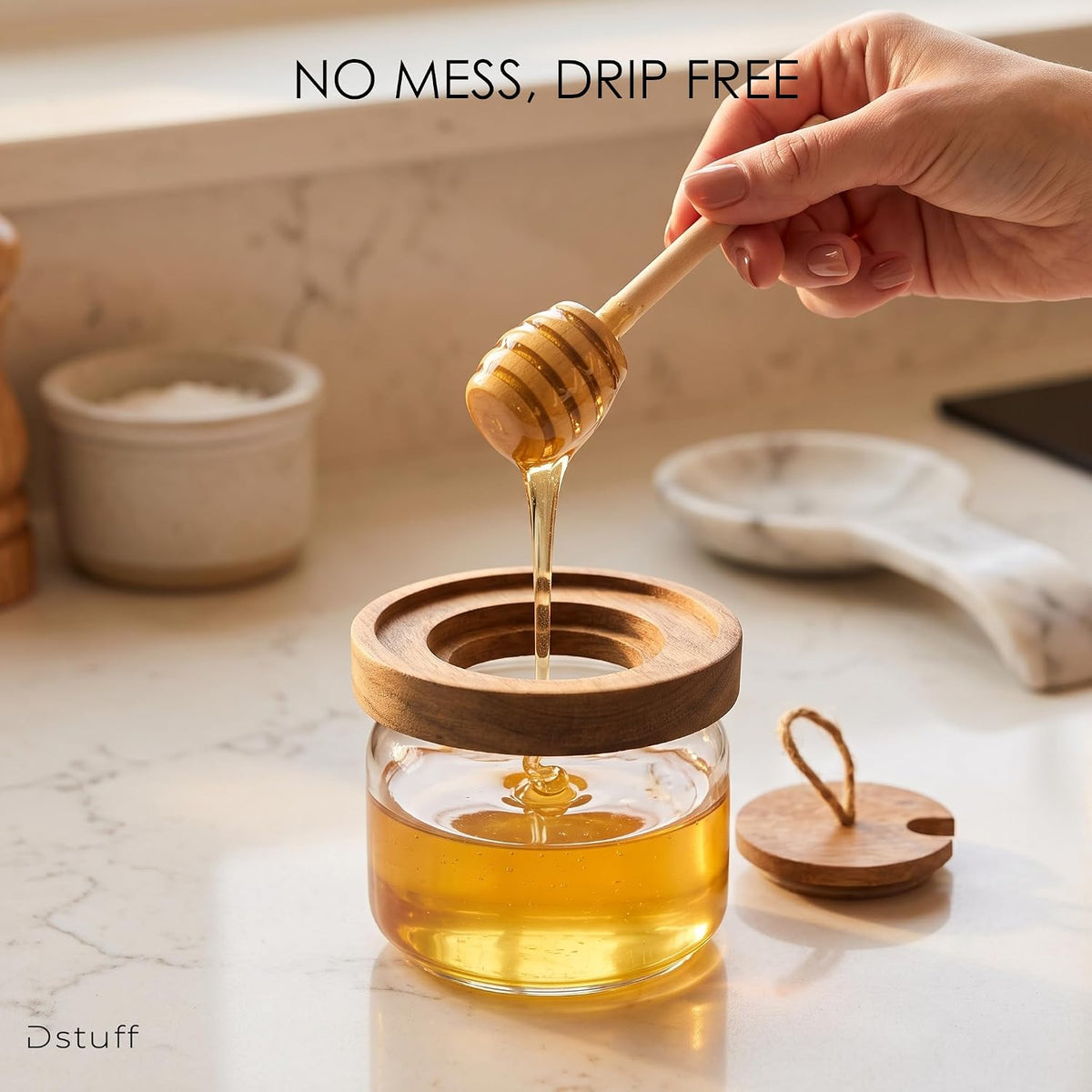 Honey Jar Pot Glass Holder Dispenser Set with Wooden Dipper Stick and Acacia Lid Cover - 14 Oz Honey Jar with Dipper and Lid - Modern Glass Honey Dispenser & Honey Drizzler for Home Kitchen Decor