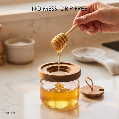 Honey Jar Pot Glass Holder Dispenser Set with Wooden Dipper Stick and Acacia Lid Cover - 14 Oz Honey Jar with Dipper and Lid - Modern Glass Honey Dispenser & Honey Drizzler for Home Kitchen Decor