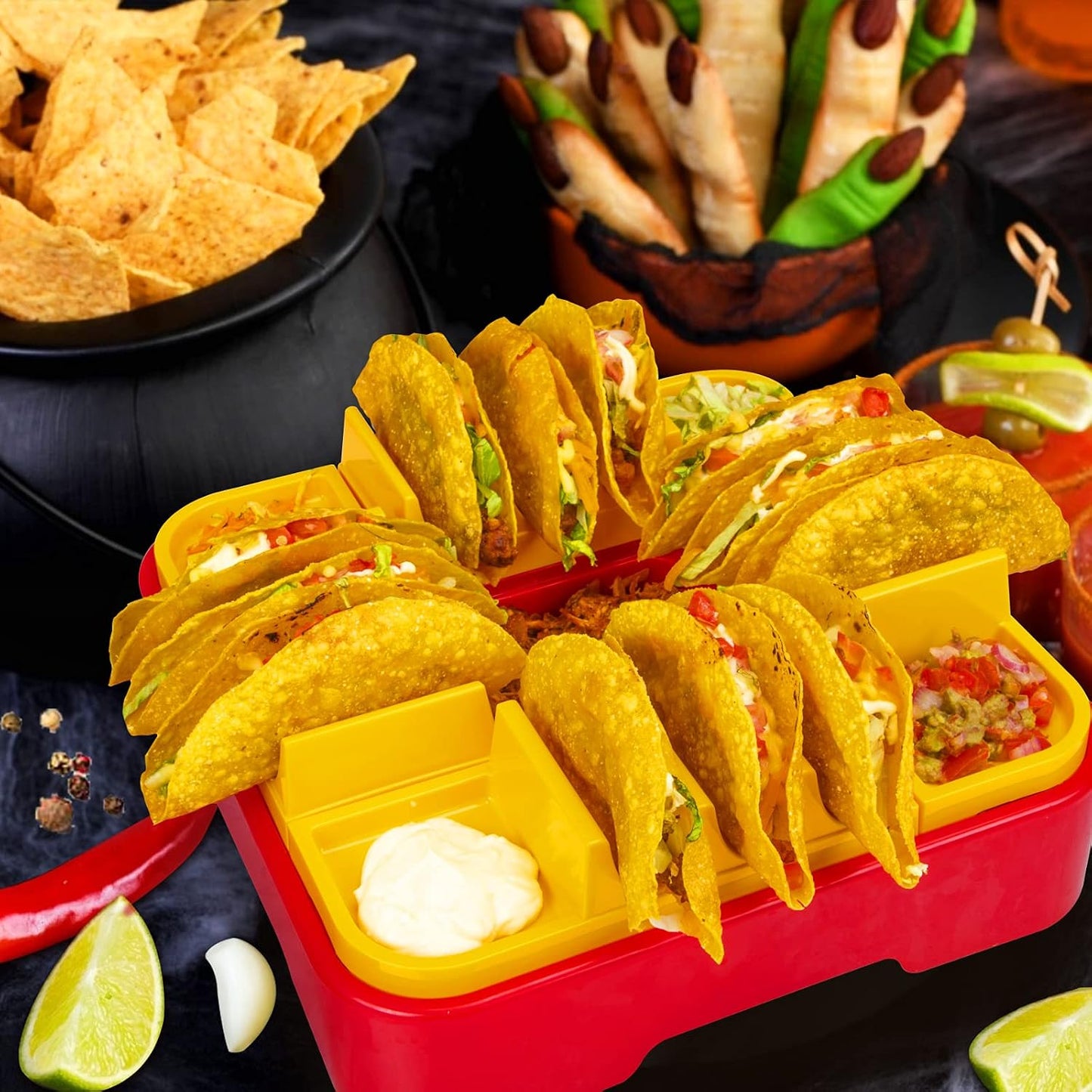 Taco Holder Stand, Taco Bar Serving Set for a Party 4 Taco Holders Nachos Tortilla Taco Serving Platter Stackable Tuesday Kit, Taco Night