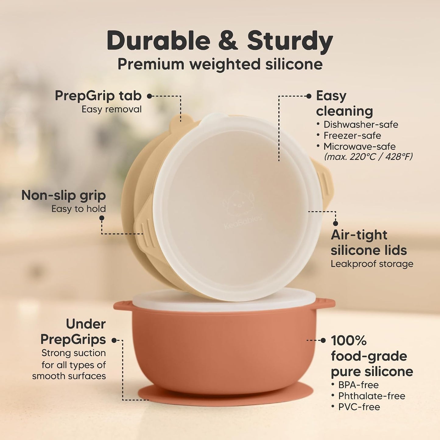KeaBabies 2-Pack Baby Bowls with Suctions, Lids - Silicone Toddler Suction Bowls for Baby Boy, Girl, Kids, Food Grade Silicone, BPA-Free, Dishwasher Safe, Toddler Eating Essentials (Terracotta)