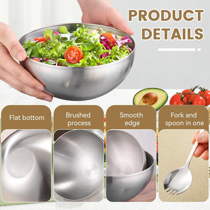 Mixing Bowls, 2 PCS Salad Bowls Set, Stainless Steel Metal Nesting Bowls with Salad Fork, 6 & 8 Inch Fruit Bowls for Cooking, Baking, Prepping, Dishwasher Safe Kitchen Supplies