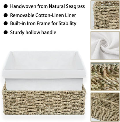Water Hyacinth Shelf Baskets 4-Pack, Handwoven Wicker Bins with Removable Linen Liners – Divided Upper Compartment & Open Handles, Stackable for Pantry Bathroom Closet
