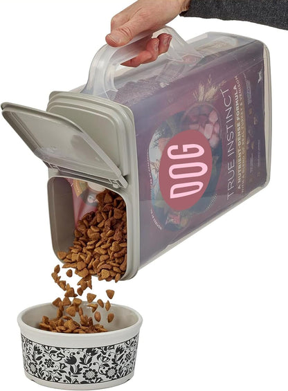 Buddeez Pet Food Storage Container - 8 Quart Capacity Dog / Cat Food & Bird Seed Container with Durable EZ Grip Handle, Flip Gray Lid (includes 1 Cup Clear Scoop)