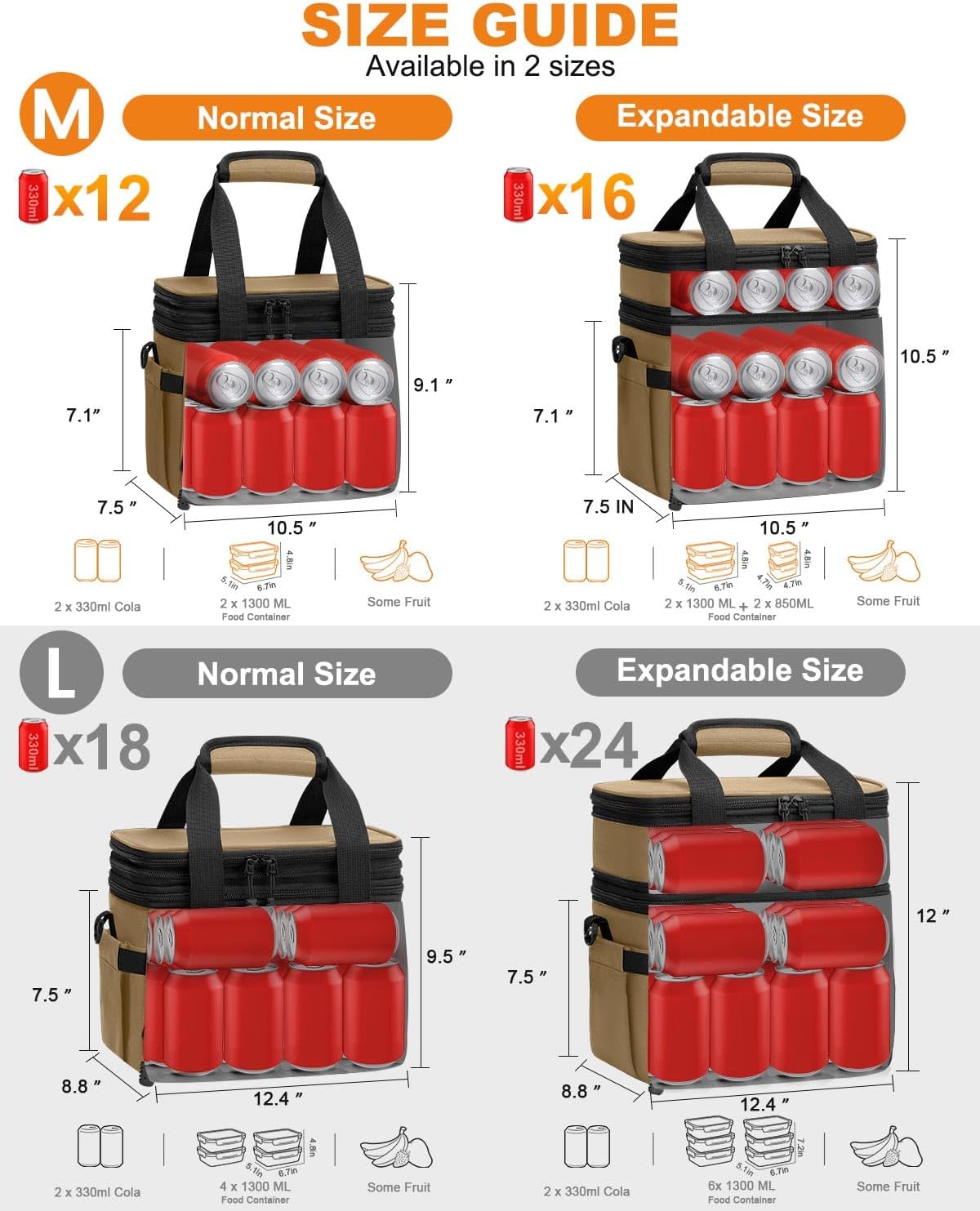 Pritent Lunch Box For Men Women Double Deck Insulated Lunch Bag For Men Woman Leakproof Expandable Cooler Bag with Adjustable Shoulder Strap for Kids Shool Work Picnic Camping(Beige,Large)