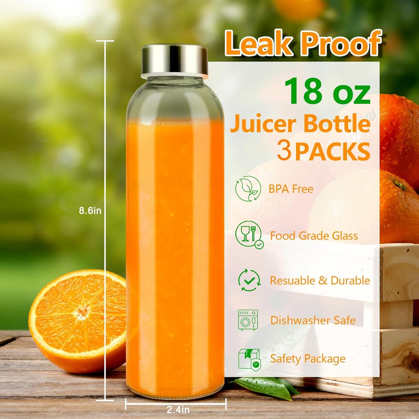 Zukro Glass Juice Bottles with Lids for Juicing 18 oz, Reusable Clear Glass Water Bottles with Stainless Steel Airtight Cap for Refrigerator, 100% Leak Proof Drinking Jar, BPA Free, Set of 6