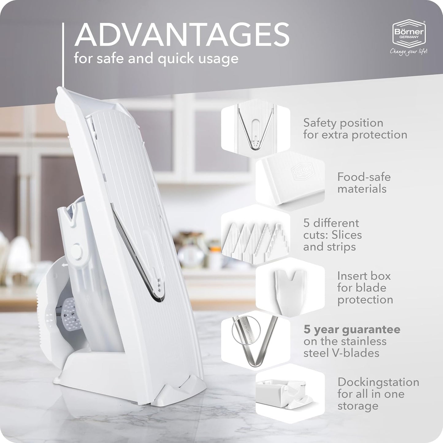 BORNER V Mandoline Slicer Kitchen V1 ClassicLine Starter Set | Vegetable Grater Börner - Quality Made in Germany, Color:White