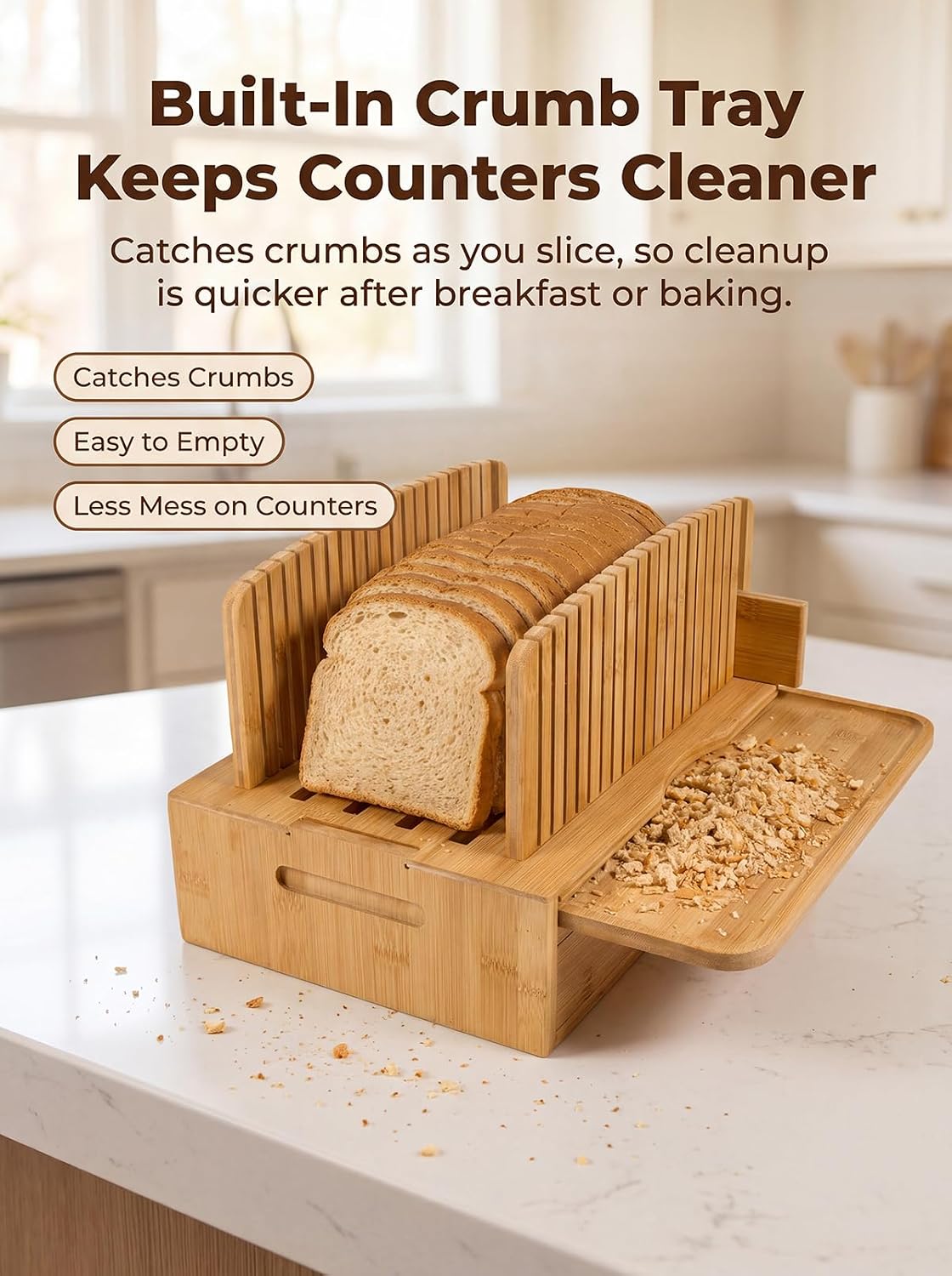 Natural Bamboo Bread Slicer, Bread Slicer Guide for Homemade Bread, Foldable Space-Saving Loaf Guide with Crumb Tray, Adjustable Thickness for Even Slices, Sturdy Cutter for Sourdough and Toast