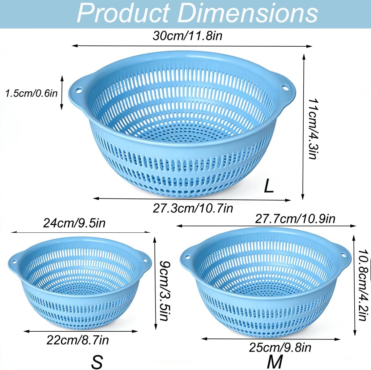 3 pcs Plastic Wash Basket Round Perforated Colander Wash Vegetables and Fruits Drain Cooked Pasta Kitchen Essentials Food Strainer Basket Strainer Kitchen Blue Yellow green red (3PCS-Green)