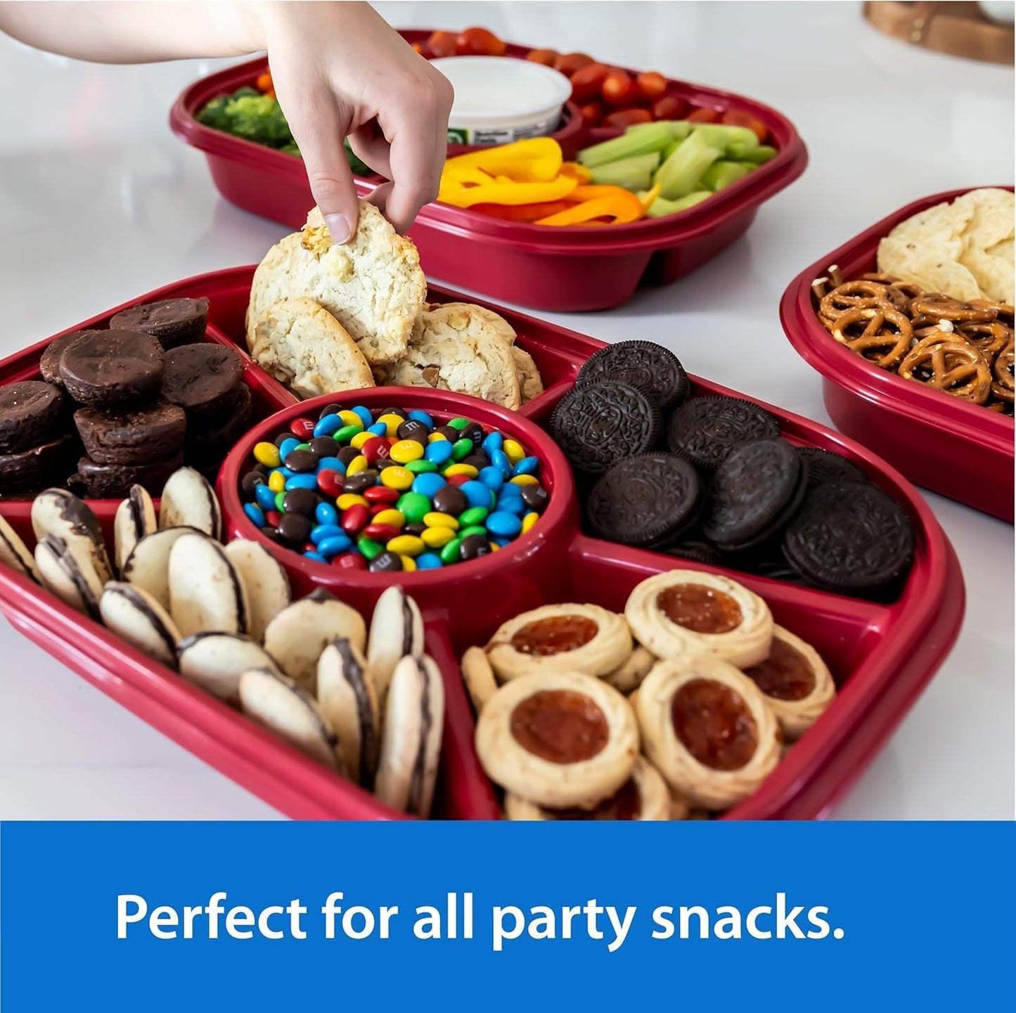 Buddeez Jumbo Divided Serving Tray with Lid - Includes 6 Bins for Party Platter, Snackle Box Container, Fruit and Veggie Tray, Chip