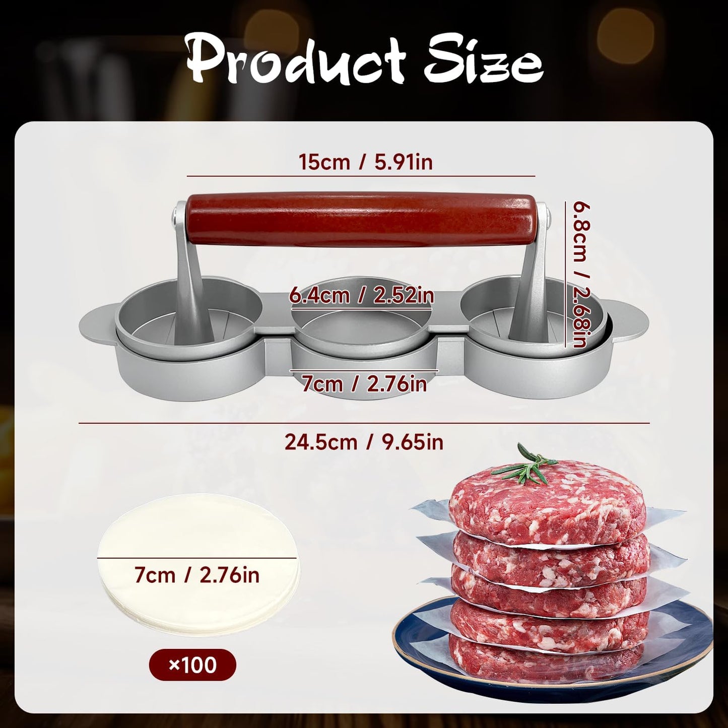 Burger Press Patty Maker Set with 100 Non-Stick Papers - 3x2.5 Inch Mold for Making Three Mini Patties at Once - Perfect for Sliders, BBQ, Picnic, Camping - Easy to Use & Clean