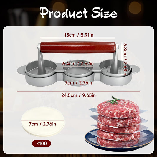 Burger Press Patty Maker Set with 100 Non-Stick Papers - 3x2.5 Inch Mold for Making Three Mini Patties at Once - Perfect for Sliders, BBQ, Picnic, Camping - Easy to Use & Clean
