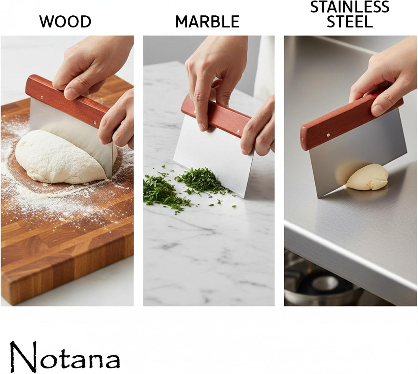 Wood Bench Scraper Stainless Steel - Professional Dough Cutter Tool for Bread Making, Pastry Scraper, Premium Multi-Purpose Kitchen Scraper for Baking and Chopping