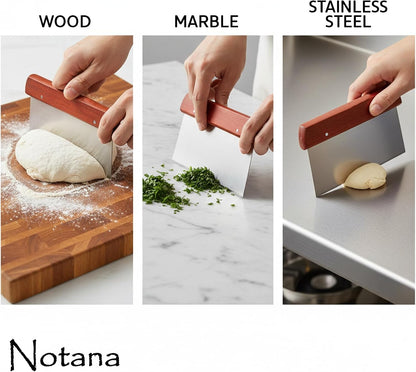 Wood Bench Scraper Stainless Steel - Professional Dough Cutter Tool for Bread Making, Pastry Scraper, Premium Multi-Purpose Kitchen Scraper for Baking and Chopping