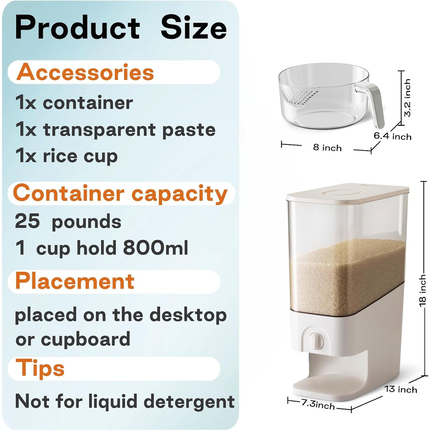 22-25lbs Rice Dispenser, 10.5 Qt/10L/25 lbs Grain Storage Container with Measuring Cup Cereal Dispenser Cereal Bucket for Kitchen Pantry Organization