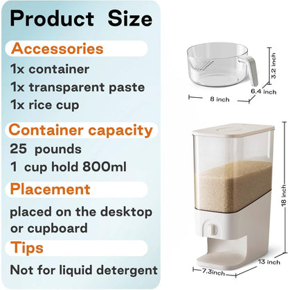 22-25lbs Rice Dispenser, 10.5 Qt/10L/25 lbs Grain Storage Container with Measuring Cup Cereal Dispenser Cereal Bucket for Kitchen Pantry Organization