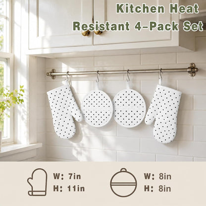 AnyDesign 4Pcs White Black Polka Dot Oven Mitts and Pot Holders Set
