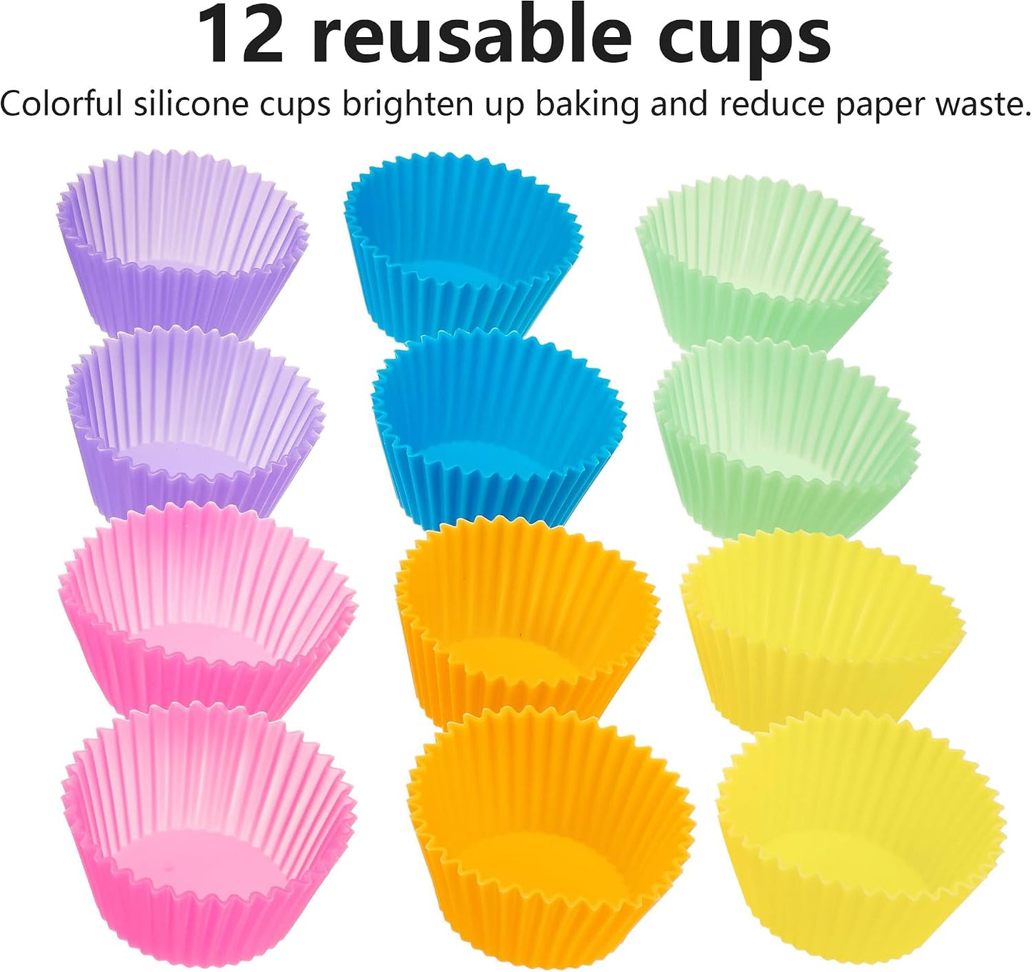 12-Pack Reusable Silicone Muffin Cups – Colorful Non-Stick Baking Liners for Cupcakes, Egg Bites & Air Fryers
