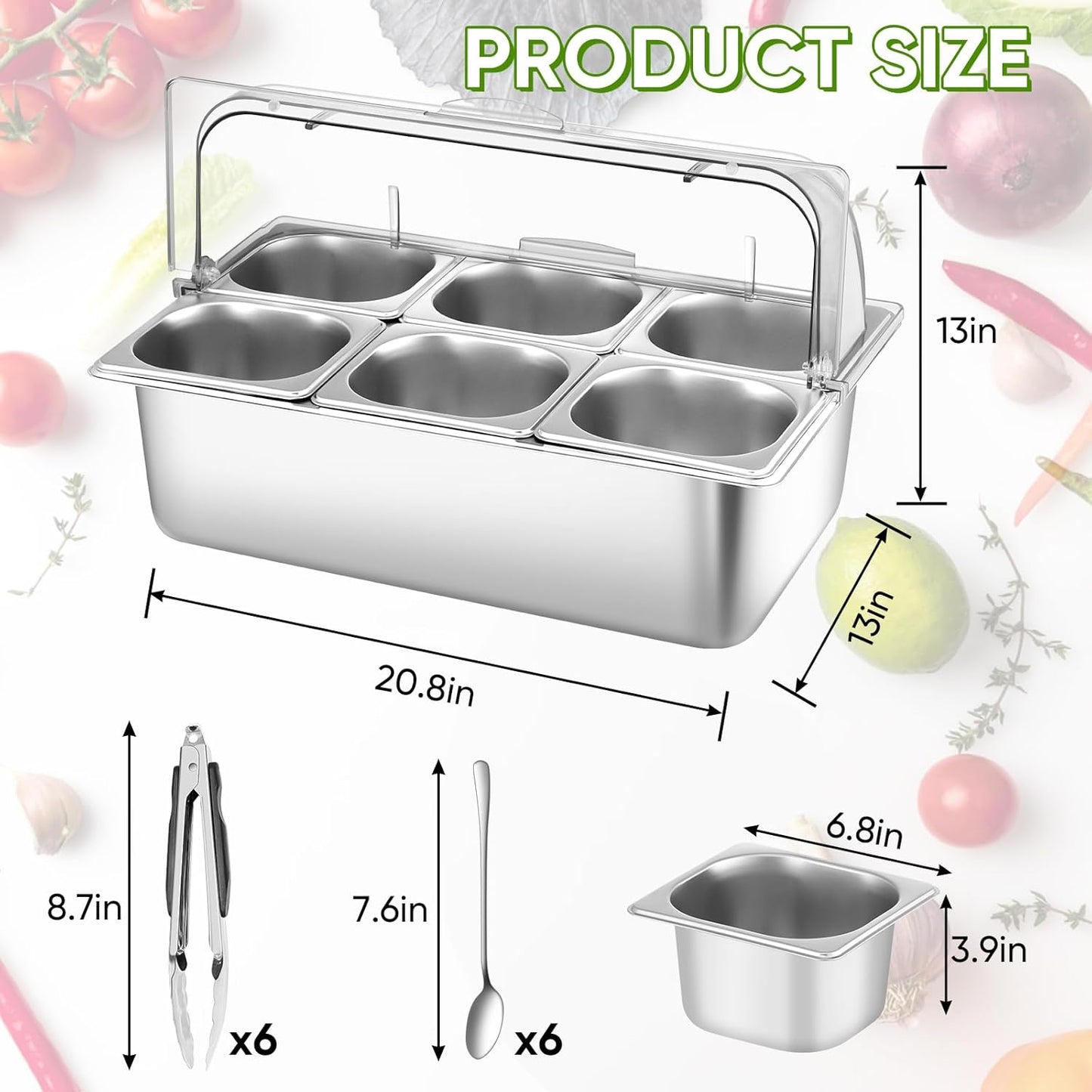 Countertop Food Serving Display Container with Clear Roll Top Cover, Stainless Steel Serving Tray Buffet Condiment Dispenser Ice Cooled Food Display Rack Pans(6 Pan)