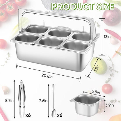 Countertop Food Serving Display Container with Clear Roll Top Cover, Stainless Steel Serving Tray Buffet Condiment Dispenser Ice Cooled Food Display Rack Pans(6 Pan)