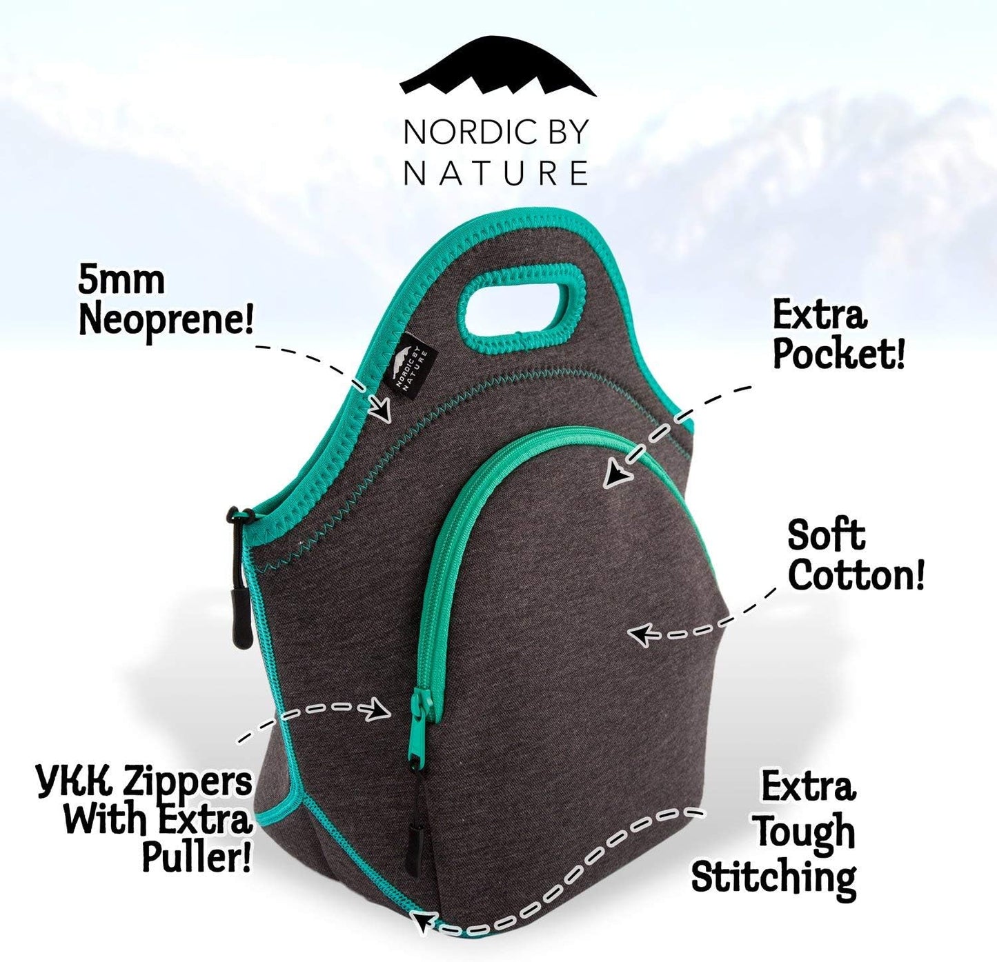 Nordic By Nature Large Neoprene Lunch Bag for Women & Lunch tote for Kids Insulated Lunch bag Reusable Washable Extra Thick Neoprene & Soft Cotton Feel, Premium Stitching, Outside Pocket, (L) Black