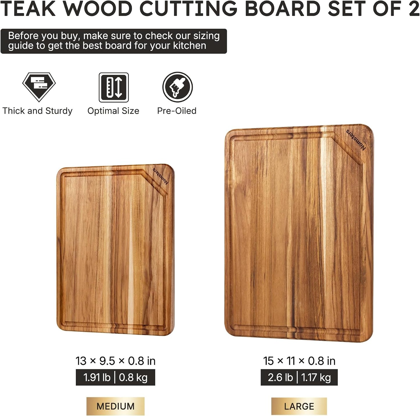 3 Pack Teak Wood Cutting Board Set for Kitchen Charcuterie Board Serving Heavy Duty Non Toxic Slip Hardwood Over Sink Solid Thick Haus Wooden Chopping Board Large Big Small Meat Best Essential Gift