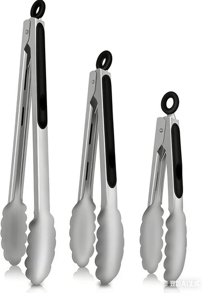 Tongs For Cooking - Heat Resistant 600 Degrees Stainless Steel Kitchen Tong,Heavy Duty Metal Locking Tongs - Perfect for Food,Salad and BBQ set of 3 (7",9" and 12") Dishwasher (Red)