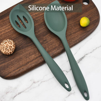 2-Pieces Silicone Cooking Spoon Spatula, Large Serving Spoons for Solid and Slotted, Heat Resistant Non-Stick Silicone Cooking Utensils Set, for Kitchen Mixing, Scooping, and Scraping