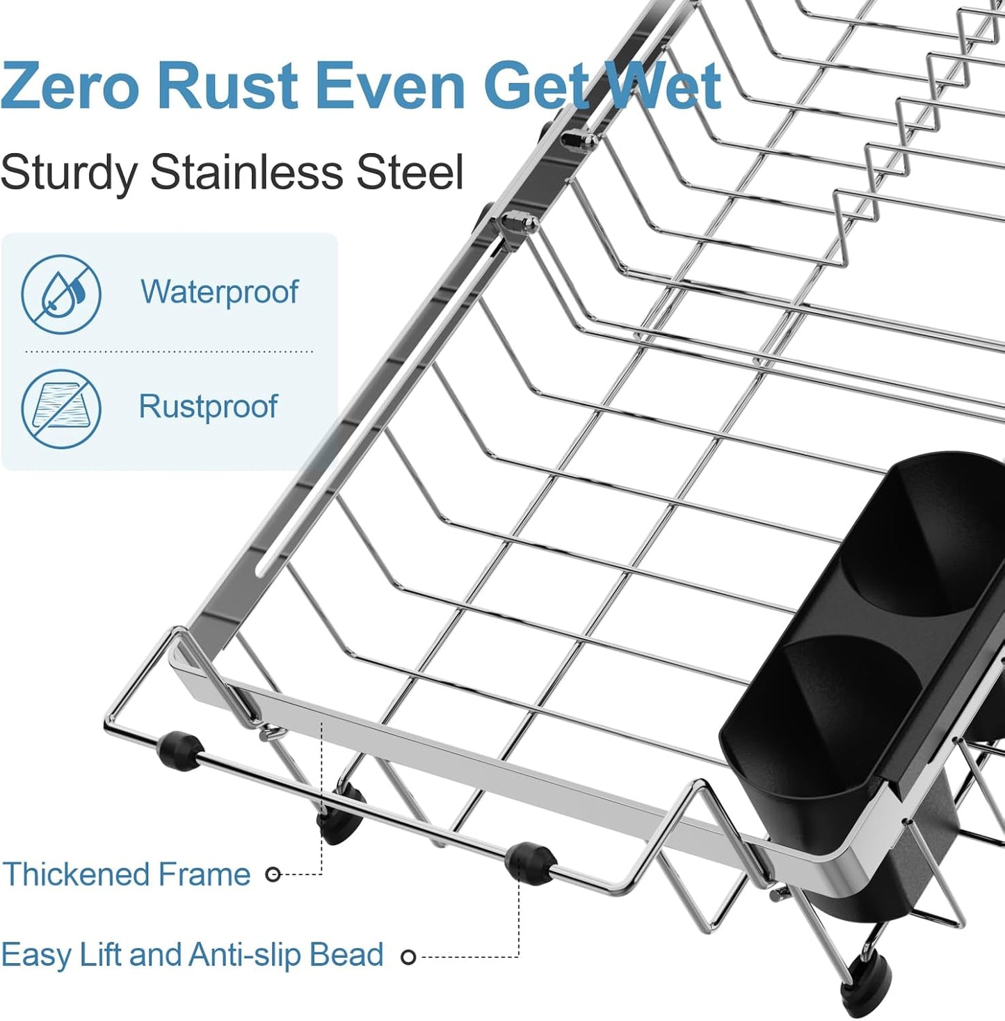 GSlife Expandable Over the Sink Dish Drying Rack with Cup Holder - Stainless Steel Dish Drainer with Locking Knob, Size Adjustable Dryer Strainer for Kitchen, Fit Sink 10.8"-17.9" L, Silver