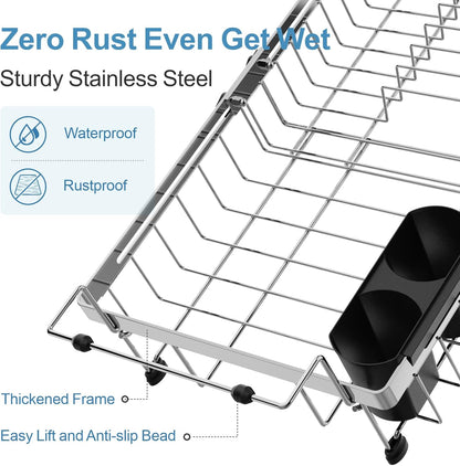 GSlife Expandable Over the Sink Dish Drying Rack with Cup Holder - Stainless Steel Dish Drainer with Locking Knob, Size Adjustable Dryer Strainer for Kitchen, Fit Sink 10.8"-17.9" L, Silver