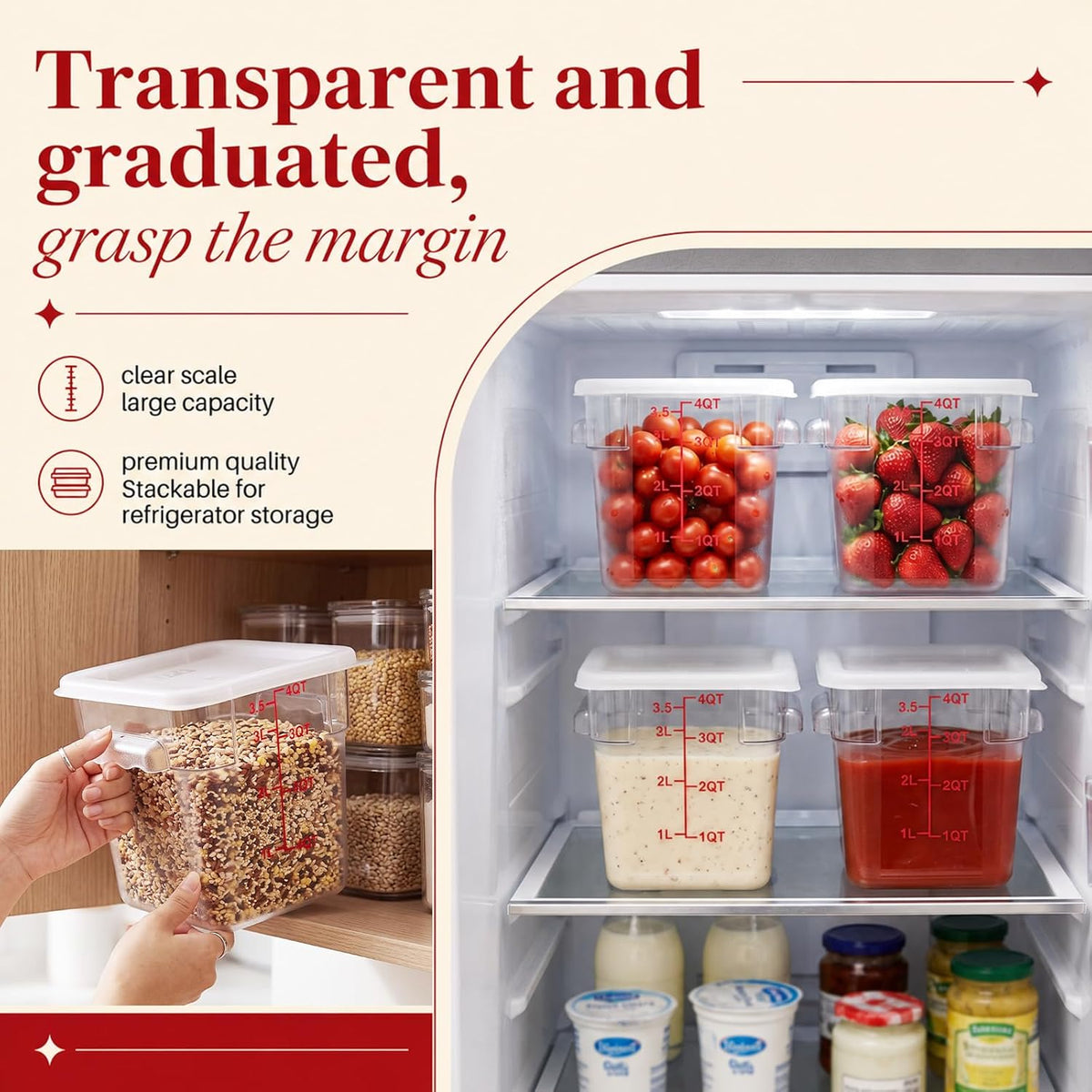 Ziliny 1 Pcs 4 Qt Clear Square Dough Proofing Container with Lid, Red
