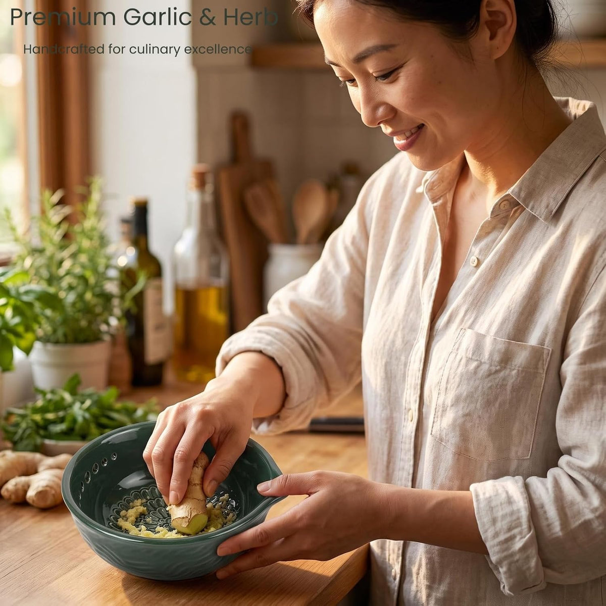 Ceramic Ginger Grater Bowl with Herb Stripper- Efficient Kitchen Tool