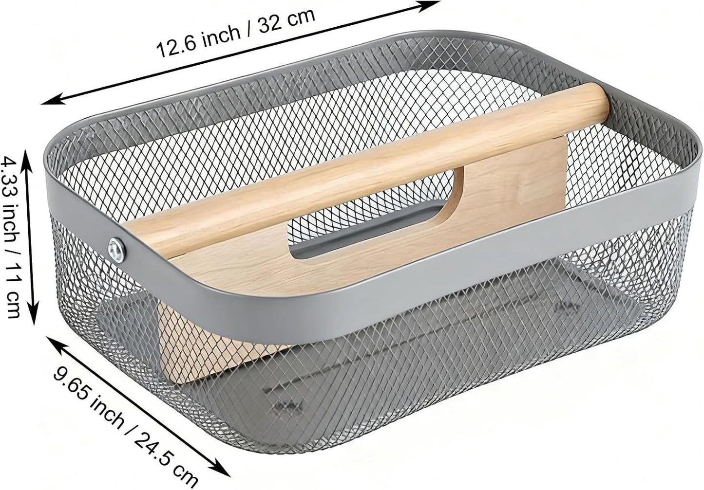 AJIODA Metal Mesh Steel Storage Basket, Garden Harvest Wire Organizer Basket Multi-functional Kitchen Fruit Basket with Wooden Removable Partition & Handle for Bathroom Picnic Decor Cabinet, Grey
