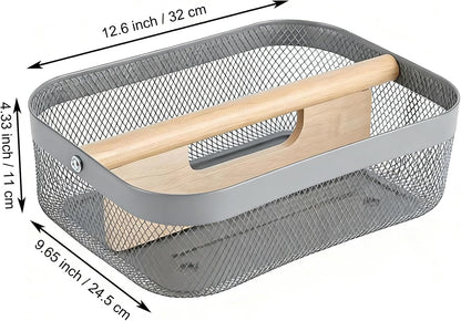AJIODA Metal Mesh Steel Storage Basket, Garden Harvest Wire Organizer Basket Multi-functional Kitchen Fruit Basket with Wooden Removable Partition & Handle for Bathroom Picnic Decor Cabinet, Grey