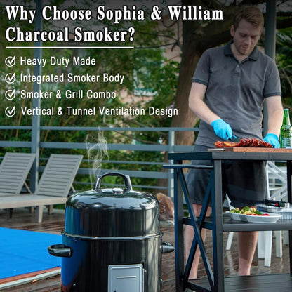 Sophia & William 18-Inch Vertical Charcoal Smokers BBQ Grills with Porcelain-Enameled Smoking Chamber & 2-Layer Smoking Shelves, Outdoor Smokers & Tabletop Grill Combo for Barbecue Camping(Black)