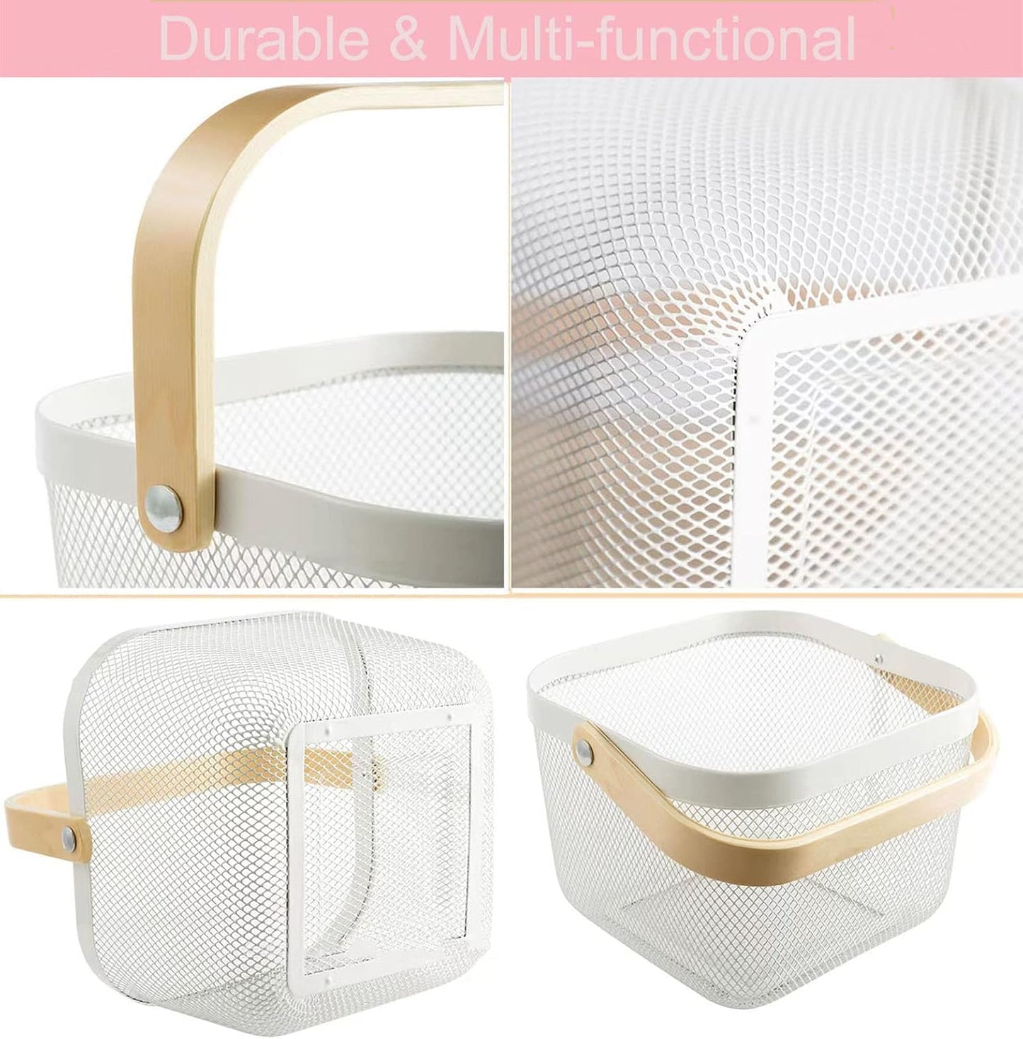 AJIODA 2 Pack Metal Mesh Steel Basket, Storage Organizer Basket Multi-function Hanging Kitchen Baskets Fruit Basket Bin with Wood Handle for Kitchen Bathroom Picnic Cabinet Home Decor, White