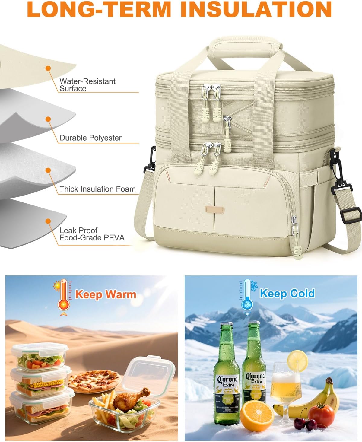 Pritent Lunch Box For Men Women Double Deck Insulated Lunch Bag For Men Woman Leakproof Expandable Cooler Bag with Adjustable Shoulder Strap for Kids Shool Work Picnic Camping(Beige,Large)