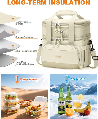 Pritent Lunch Box For Men Women Double Deck Insulated Lunch Bag For Men Woman Leakproof Expandable Cooler Bag with Adjustable Shoulder Strap for Kids Shool Work Picnic Camping(Beige,Large)