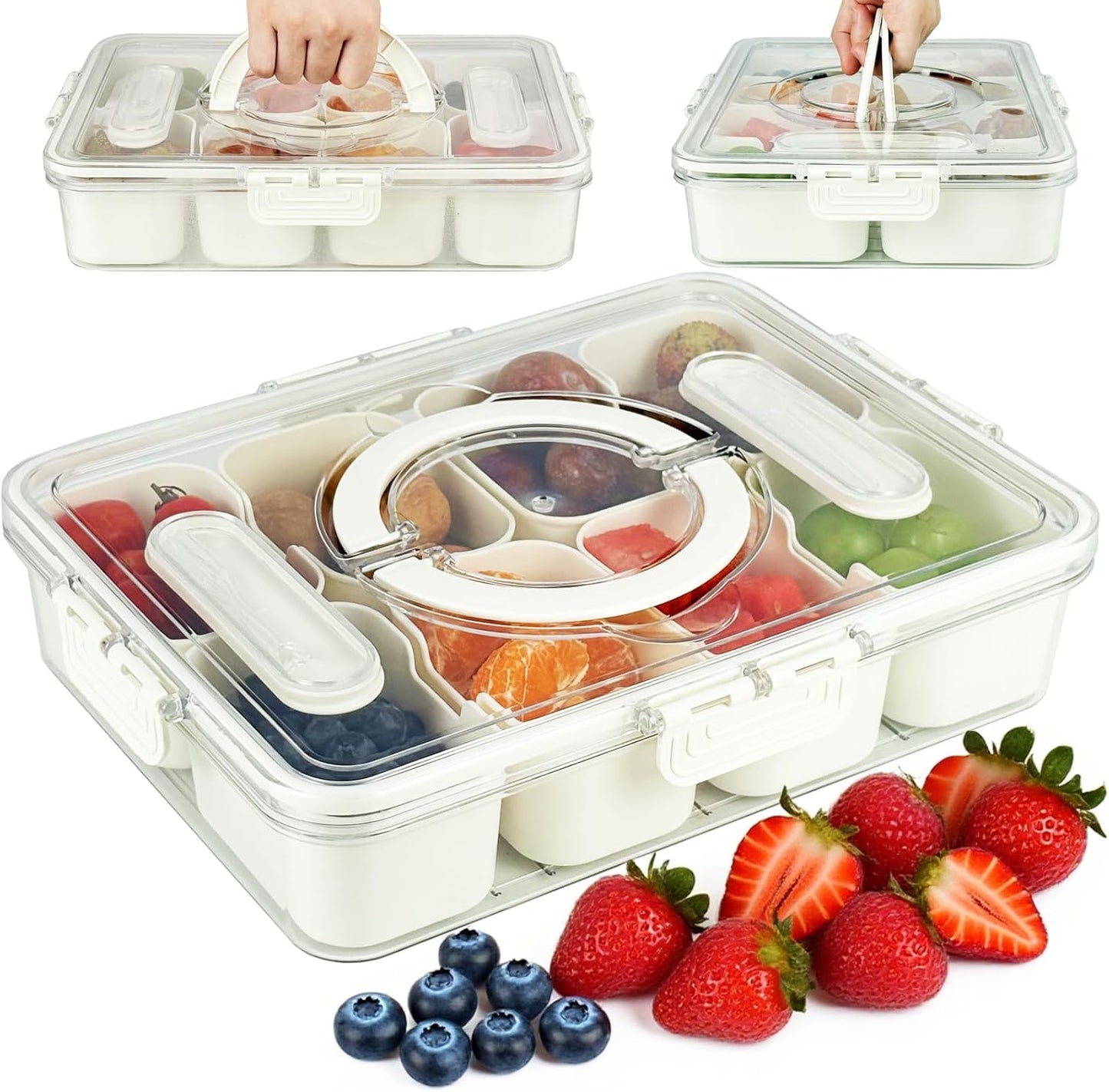 Snackle Box Container Portable - Large 8-Compartment Divided Serving Tray with Lid and Handle, Grab and Go Snack Containers Reusable for Travel and Outdoor Camping, Leak-Proof, BPA-Free