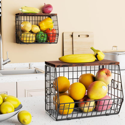 Mefirt Fruit Basket, 2-Tier Fruit Bowl for Kitchen Counter, Stackable Wall Mounted Fruit Storage, Snack Organizer, Potato and Onion Storage Basket, Hanging Pantry Storage with Wood Lid, 2 Set, White