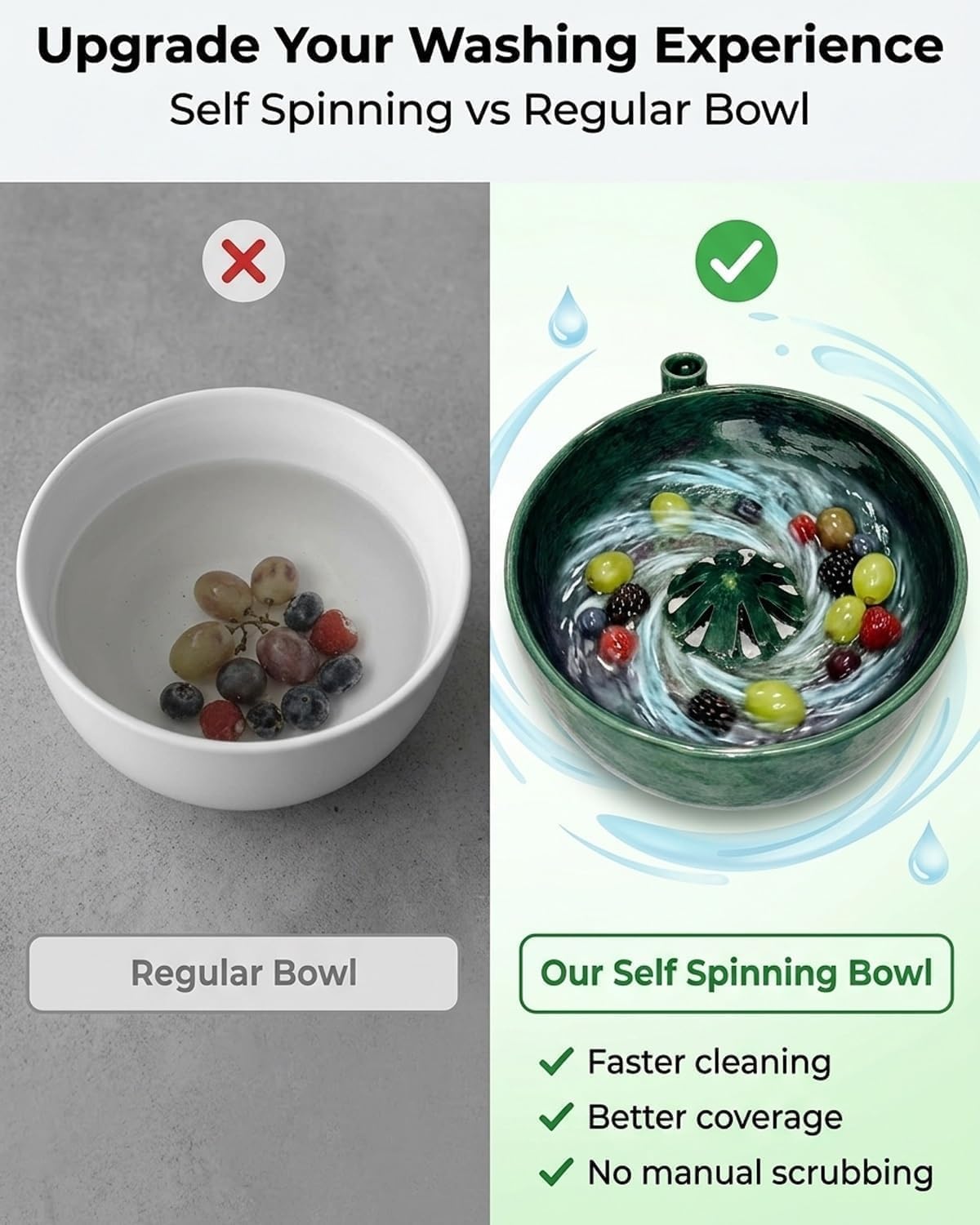 Self Spinning Berry Washing Bowl, Ceramic Berry Bowl with Drain Holes, Fruit Washer Spinner with Strainer and Colander, Handmade Multipurpose Bowl for Washing Berries, Fruits and Vegetables