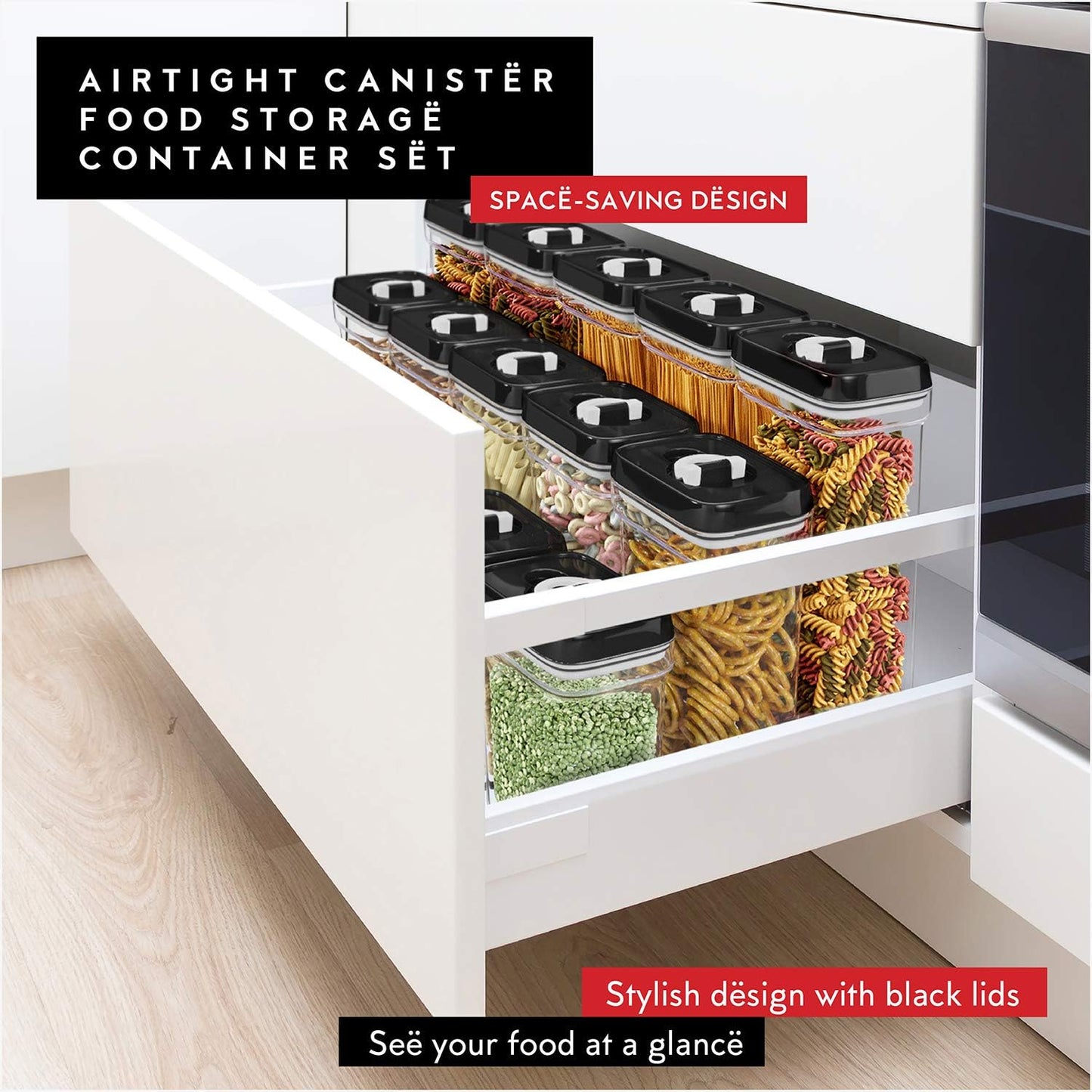 DWËLLZA KITCHEN Large Airtight Food Storage Containers - Clear Plastic Bulk Food Pantry & Kitchen Storage Containers for Flour, Sugar and Baking Supplies 4 Pcs. BPA-Free, Keeps Fresh & Dry (Black)
