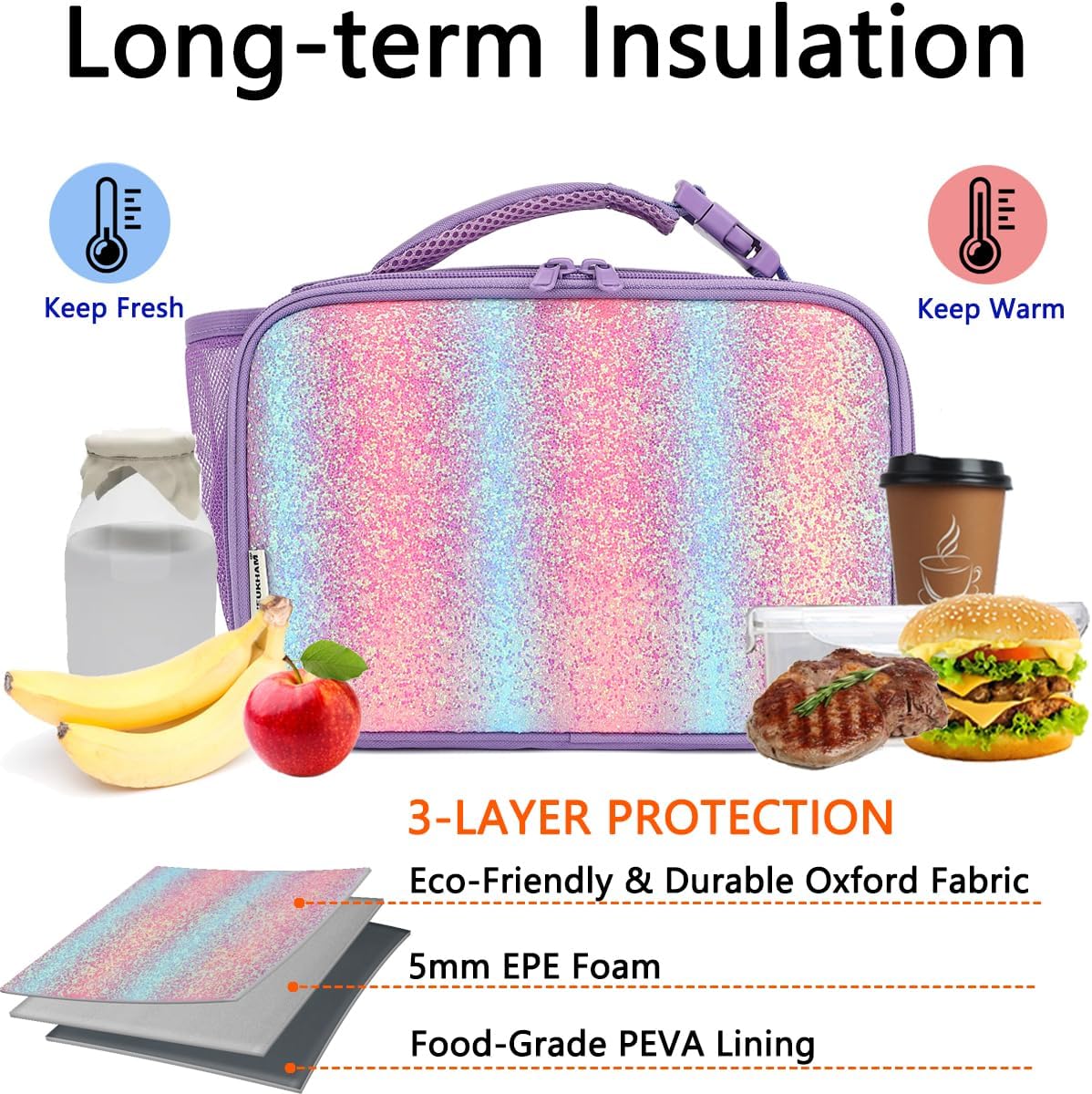 GYEUKHAM Insulated Lunch Box for School, Thermal Reusable Durable Freezable Lunch Bags for Kids Boys Girls Men Women - Small Soft Cooler Portable Lunch Tote Kit for Work Picnic Travel,Black