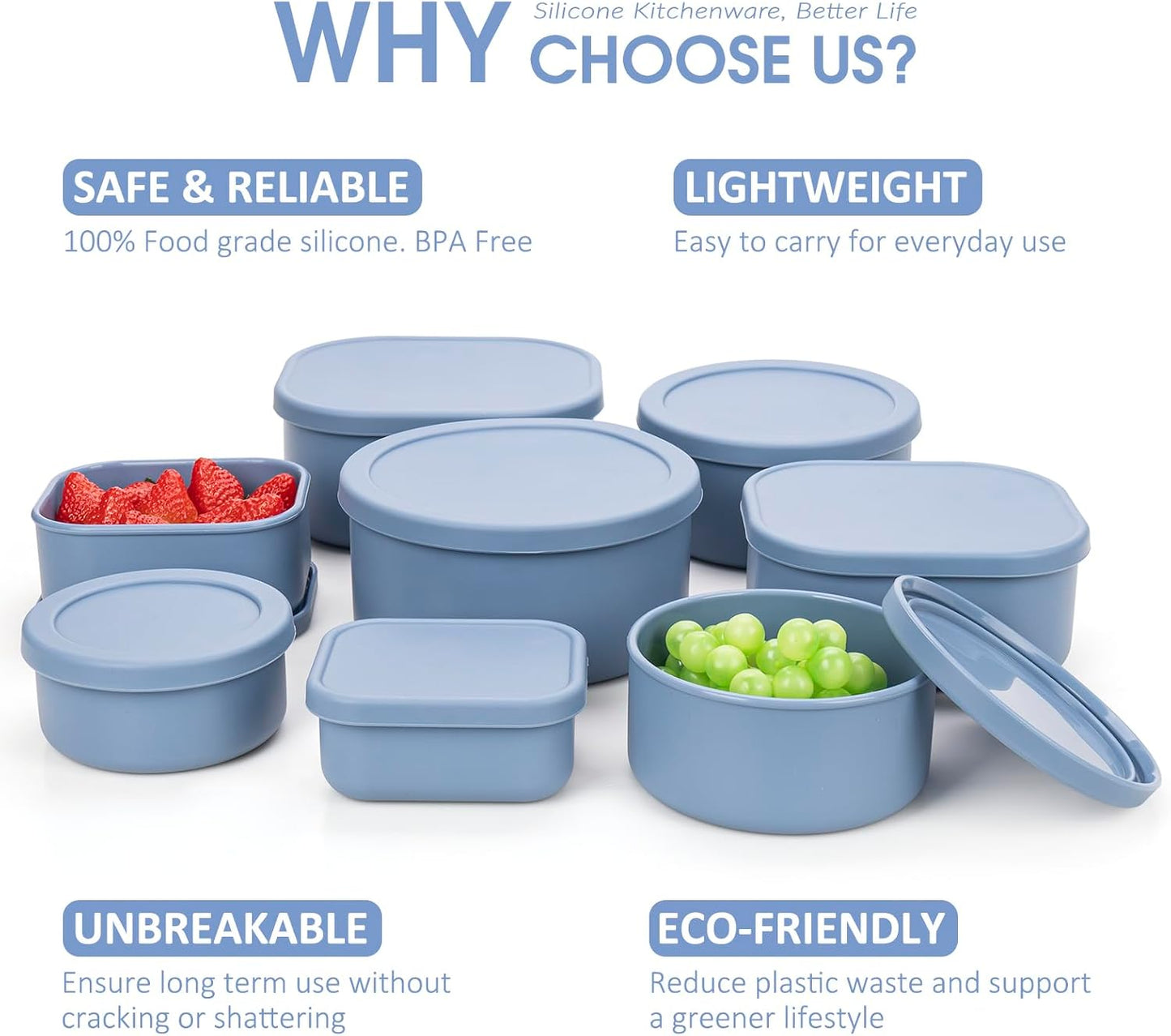100% Silicone Food Storage Containers with Lids, 8 Pack, 10oz to 51oz, Reusable Leakproof Nesting & Stackable Silicone Bento Lunch Box, Microwave Freezer Dishwasher Oven Safe, BPA Free, Slate Green