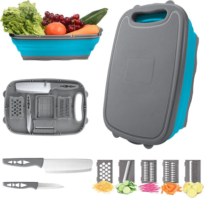 9-in-1Collapsible Cutting Board with Colander Wash Basket Camping RV Gift