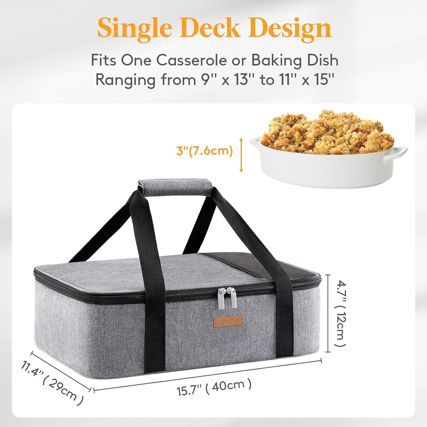 LUNCIA Insulated Single Decker Casserole Carrier, Lasagna Lugger Tote Keeps Food Hot or Cold, Thermal Lunch Bag for Potluck Parties, Picnic and Cookouts, Fits 9" x 13" Baking Dish, Black