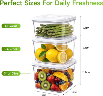 Vixino Vacuum Seal Containers, 3Pcs Reusable Food Storage Containers with Lids for Meal Prep and Freezer, BPA-Free，Microwave Safe，Leak-proof, Airtight (Vacuum Sealer Not Included)