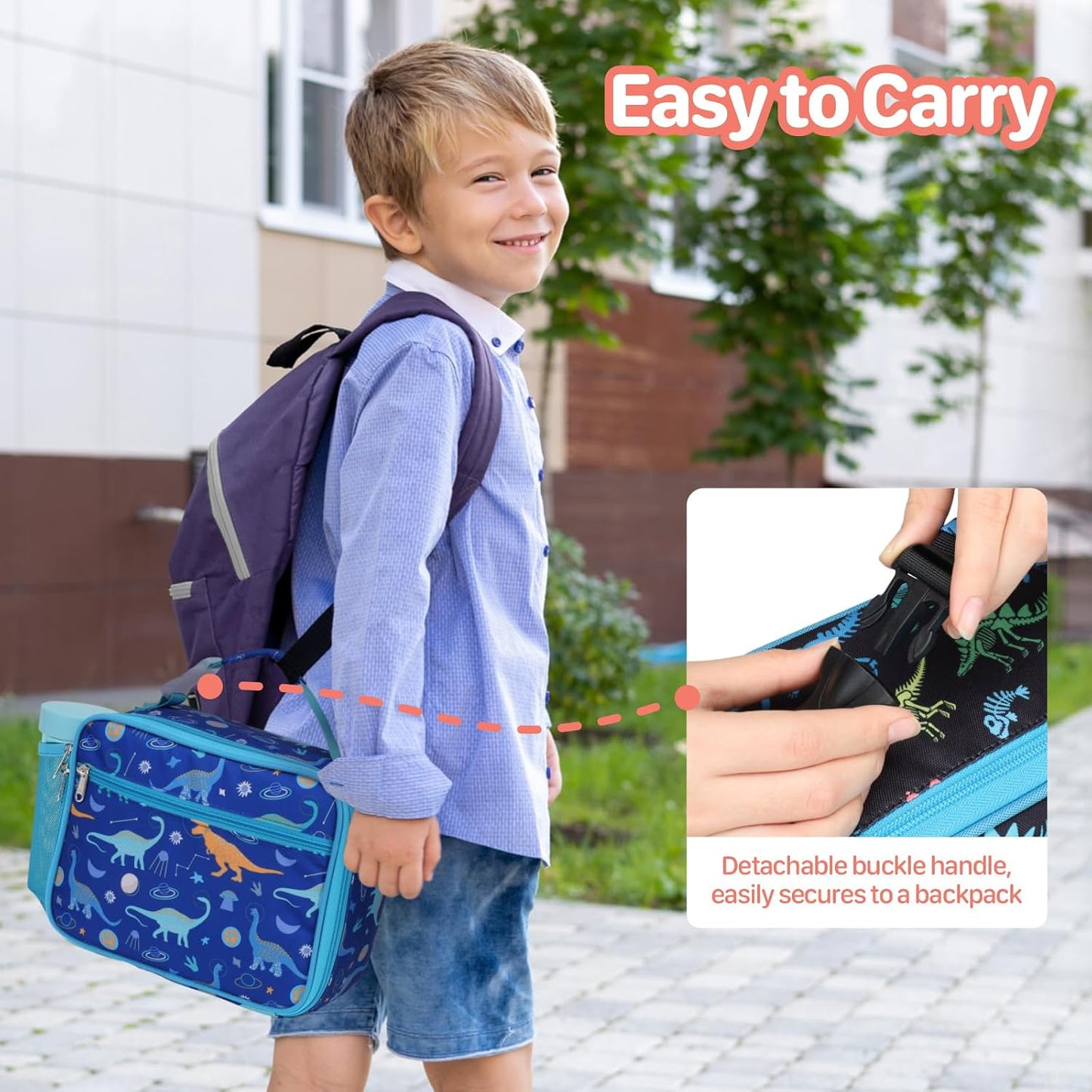 Kids Lunch Bag Boys - Insulated Kids Lunch Box Reusable Lunchbox with Water Bottle Holder Toddler Lunch Tote Bag for School Daycare, Black Dino Fossil