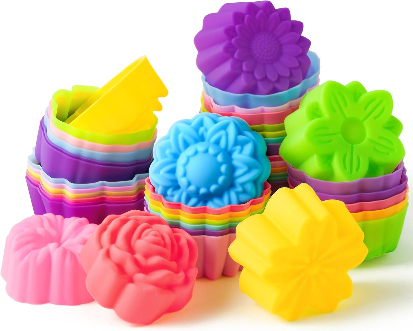 R HORSE 42Pcs Silicone Molds Cupcake 2 Inch Mini Size Reusable Muffins Liners Washable Non-Stick Donut Wrapper Mold Flower Shapes Baking Cups for Pan Oven Microwave Dishwasher